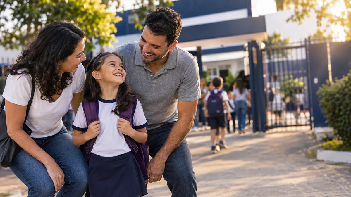 Mãe, pai e filha sorrindo na entrada da escola, com a mochila nas costas