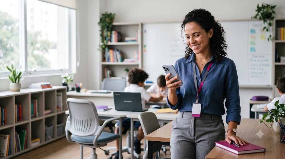 Coordenadora sorrindo ao usar o celular dentro da sala de aula
