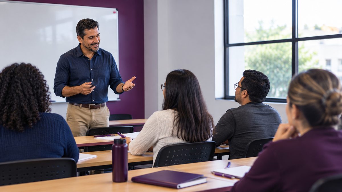 Professor sorrindo em sala de aula, conversando com alunos e alunas